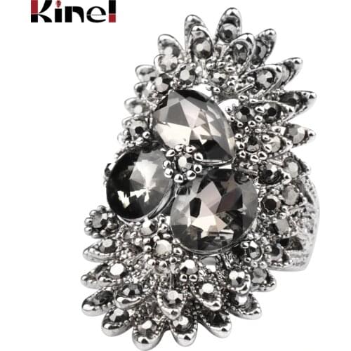Kinel Unique Vintage Jewelry Gray Glass Big Rings For Women Ancient Silver Color Punk Ring Female Crystal Party Gift