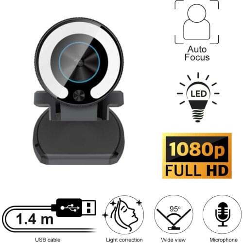 Auto Focus Webcam Full HD Camera With USB, LED Light, Microphone for Skype, MS Teams, Zoom, Home Office, Video Chat, Conference