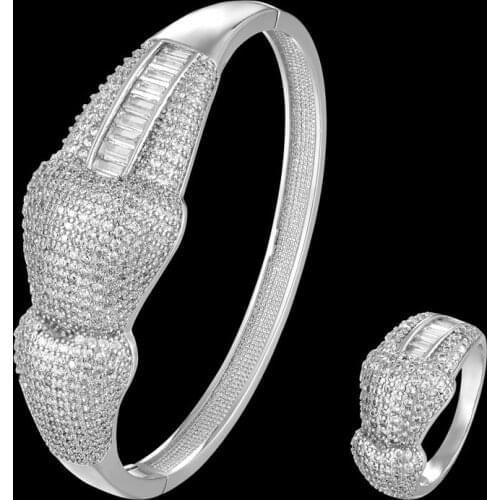 Zlxgirl jewelry perfect AAA mirco pave zircon bow shape wedding bangle with ring jewelry sets metal Gold color women bangles