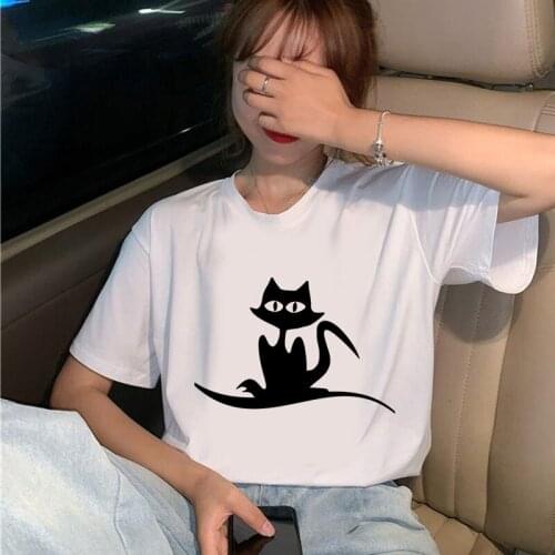 Funny Black Cat Printed Women T Shirt Cartoon Short Sleeves Women Shirt Cute Female T-shirt Camiseta Mujer Streetwear