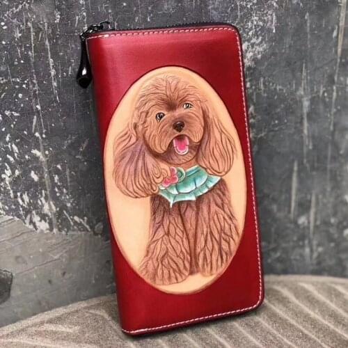 Handmade Ladies Lovely Poodle Wallets Purses Women Long Clutch Vegetable Tanned Leather Wallet Card Holder Birthday Present