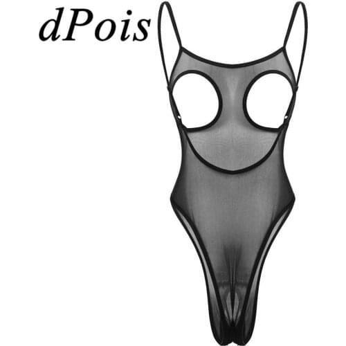 Womens Breast Hollow Out One-piece Sexy Nightwear See Through Sheer Mesh Lingerie Backless Crotchless Thong Leotard Bodysuit