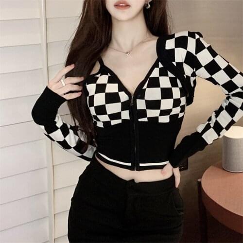 Women Black White Plaid Fashion 2 Piece Knit Set Little Vest Camis Top&Long Sleeve Cardigan Sweater Chic Girl Sexy Chic Knitwear