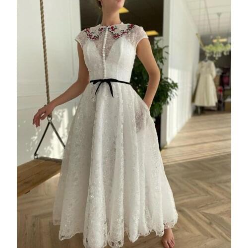 2020 new hot Prom Dresses White Beading Embroidery Lace Short Sleeves Prom Gowns L4207