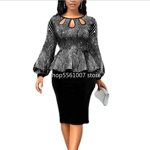 Women Dress 2021 Elegant Sexy Hollow Out Shiny Party Dress Casual Plus Size Fake 2 Piece Slim Patchwork Office Bodycon Dresses