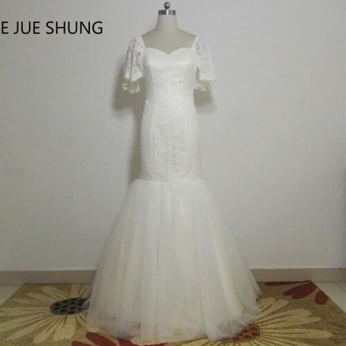 E JUE SHUNG White Lace Cheap Mermaid Wedding Dresses Sweetheart Flare Sleeves Lace Up Back Wedding Gowns robe de mariee