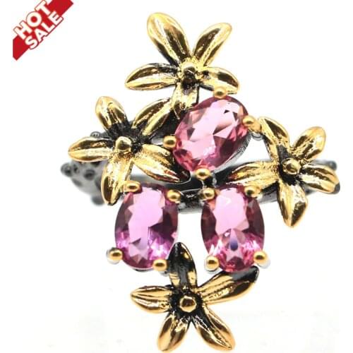 28x21mm Gothic Unique Design Vintage Created Pink Tourmaline Cool Black Gold Silver Ring For Ladies Daily Wear Silver Rings