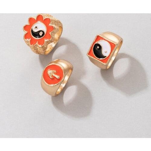HuaTang 3pcs/sets Charming Tai Chi Mushroom Flowers Ring Sets for Women Girls Pretty Gold Alloy Metal Jewelry Party Anillo 19842