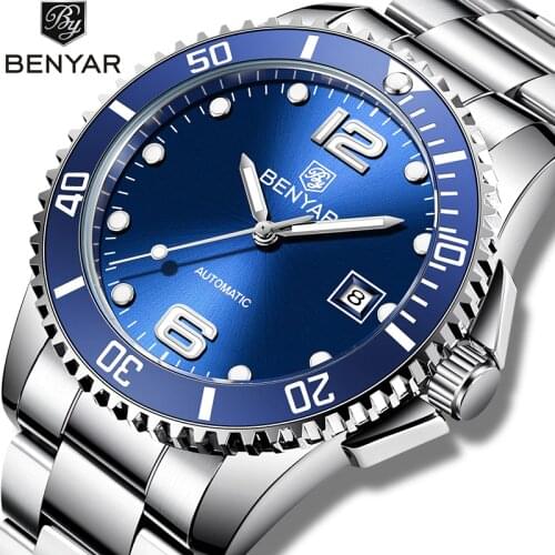BENYAR New mens mechanical watches business automatic date blue watch stainless steel waterproof men wristwatch Reloj hombres