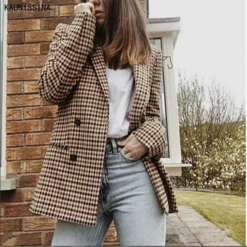 Women Autumn Plaid Blazers Jackets Work Office Lady Suit Slim Double Breasted Business Female Blazer Coat Vintage Streetwear