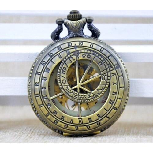 10pcs/lot Antique Steampunk Bronze Skeleton Mechanical Pocket Watch Roman Dial with Chain Men Women Pocket Watches Gift