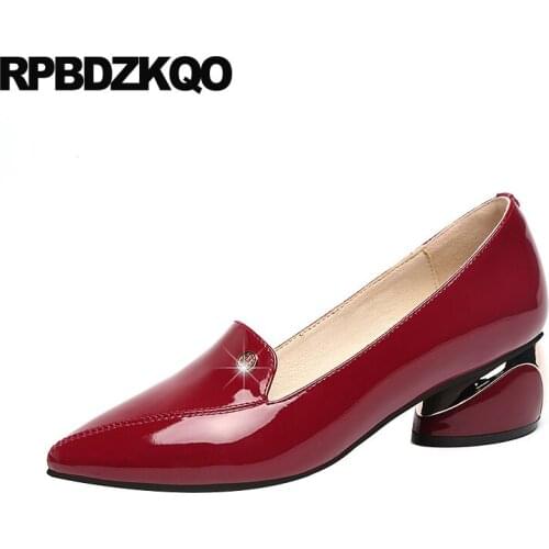 Wine red chunky block heels shoes for women medium china pointed toe patent leather 2019 pumps big size fashion thick 10 42 4 34