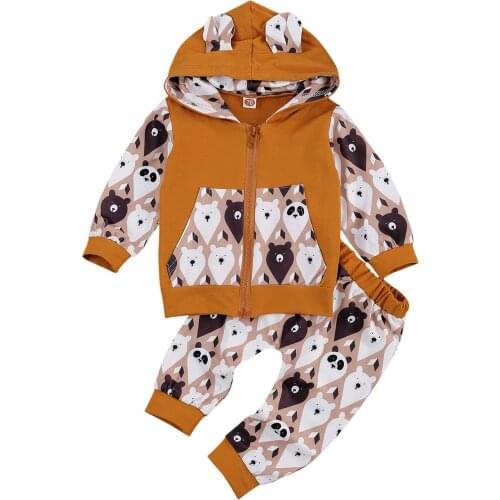 Childrens Suit Little Girl Boy Rabbit Ear Hood Zipper Long Sleeve Top with Pocket Cartoon Print Long Pants 0-24 Months
