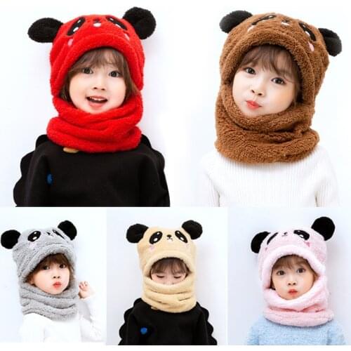Childrens Winter Bib and Ear Protection One-piece Face Mask Thickened Windproof and Warm Hood Cute Cartoon Cashmere Embroidery