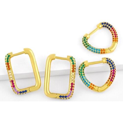 FLOLA Gold Heart Hoop Earrings For Women Multicolor Rectangle Huggie Earrings CZ Cubic Zirconia Wholesale Jewelry Gifts ersw84