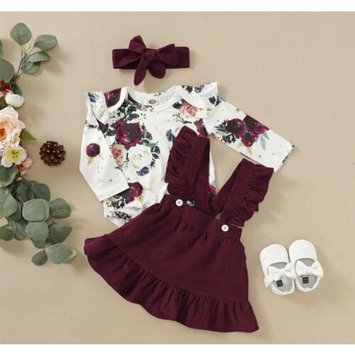 Newborn Baby Girl Clothes Set Floral Bodysuit Romper Jumpsuit Tops T Shirt Suspender Skirts Bow Headband Outfit