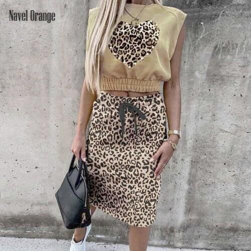 Summer Women 2PCS Short Top Skirt Sets O-Neck Sleeveless Casual Pullover Top Drawstring Skirt Suit Fashion Leopard Elegant Sets