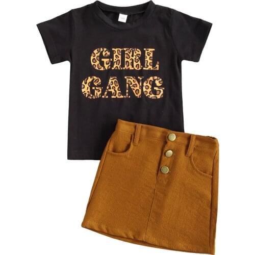 Summer Fashion Kids Baby Girls Outfits Leopard Letter Short Sleeve T-shirts+Mini Corduroy Skirts Two Pieces Child Girl Sets 2-7Y