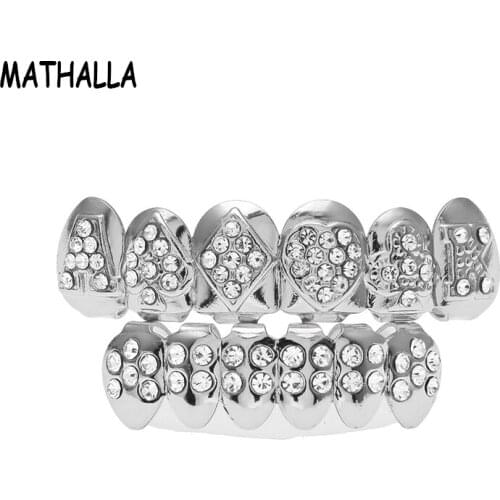 MATHALLA Hip Hop Grill Micro-Inlaid Zircon Gold Silver Teeth Top and Bottom Teeth Barbecue Dental Teeth Body Jewelry Gifts
