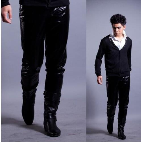 Stage personality men leather pants motorcycle tights pant men feet trousers skinny singer dance black fashion pantalon homme