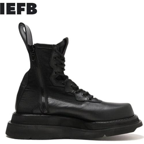 IEFB Mens Thick Soled High Boots Black Military Boots 2021 New Versatile Korean Fashion Shoes Middle Top Short Boots Leather
