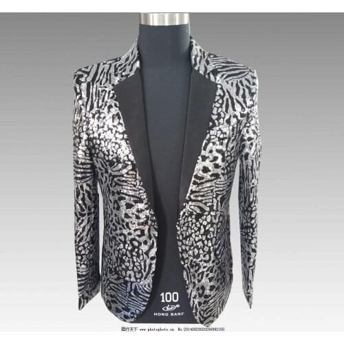Nightclub Mens Full Sequins Leopard Print Casual Blazer Male Fashion Host Stage Slim Fit Grey Suits Man Dress Banquet Clothes