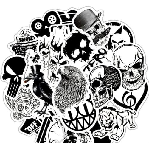 50Pcs/Pack Black White Stickers For DIY Car Styling Fridge Guitar Bicycle Moto Bomb Skateboard JDM PVC Brand Decals Sticker Toy