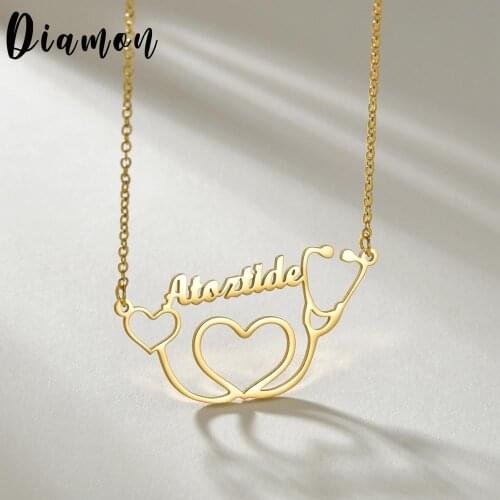 Diamon 2020 New Personalized Custom Stainless Steel Name Necklace Heart and Lariat Doctor Stethoscope Pendant Nameplate Gift