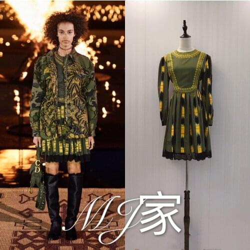 National New round collar embroidery hit to heavy lantern long sleeve stripe splicing lace waist dress