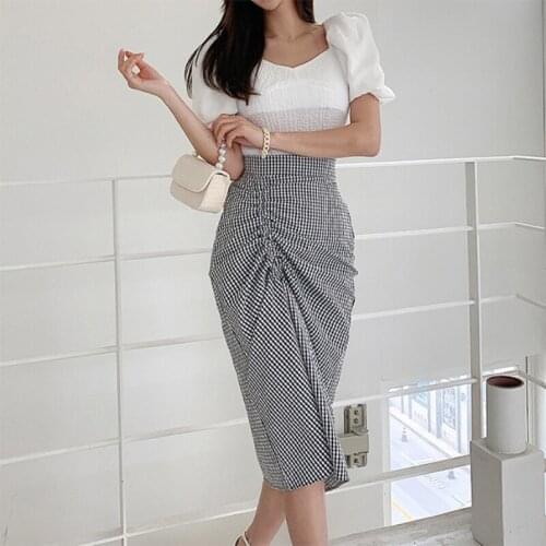 New Arrival Fashion Women Summer Korean OL Elegant Casual Vintage Set V-Neck Puff Sleeve Top Shirt And Plaid Skirt Two Piece Set