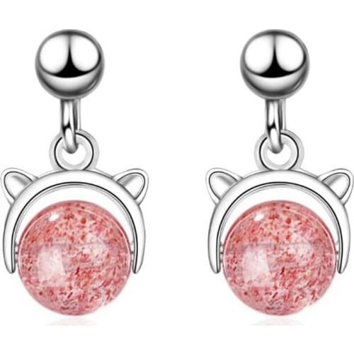 New Small Fresh Strawberry Crystal Cute Animal 925 Sterling Silver Jewelry Kitten Sweet Cat Pink Women Earrings SE681