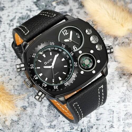 OULM Casual Quartz Watches Men Dual Time Display Oversize Big Case Leather Strap Man Watch Brand Luxury Sports Analog Clock 2019