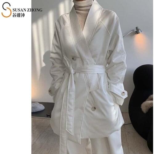 Women Coats Female Puffer Lady Padded Jacket Cozy Athleisure Fall Winter Loose V-Neck Raglan Sleeve Belt Buttons Pockets Warm