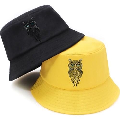 Korean Style Owl Print Panama Bucket Hats Woman Fashion Outdoor Fishermans Caps Mens Summer Casual Streetwear Black Bucket Caps
