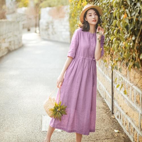 2021 Summer Solid Long Shirt Dress Vintage Casual Cotton Linen Vestidos Women Half Sleeve Sundress Plus Size Dresses Y296