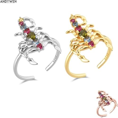 ANDYWEN 925 Sterling Silver Gold Colorful Spider Rainbow CZ Adjustable Rings Women Fine Jewelry Open Resizable Jewels Gift