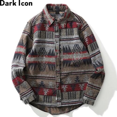 Dark Icon Geometric Stripe Shirts Men Women Long Sleeve Harajuku Woolen Shirts Men Clothing