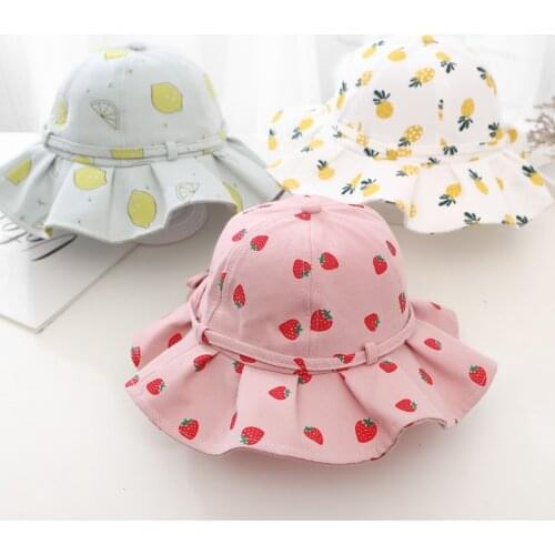 Summer Kids Girls Large Brimmed Fruit Print Sun Hat Baby Princess Bucket Cap Outdoor Bowknot Girl SunHat Childrens Accessories