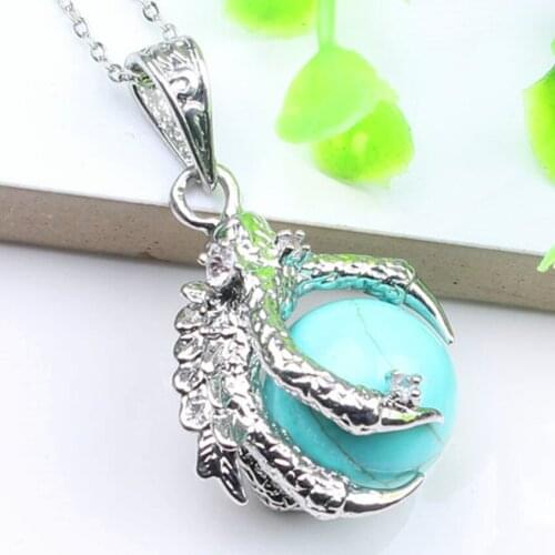 Trendy-beads Vintage Style Silver Plated Green Turquoises Dragon Claw Pendant Link Chain Necklace