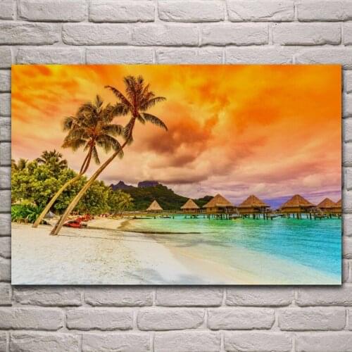 Tropical Beach golden Cloud Holiday Hut Palm Tree Sand living room decor home wall art decor wood frame fabric posters KG029