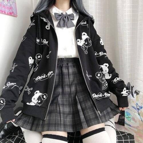 Y2k Gothic Coat Harajuku Punk Cartoon Print Women Long Sleeve Zip Up Hoodie Sweatshirt Kawaii Ins Preppy Cute Tops Spring Autumn