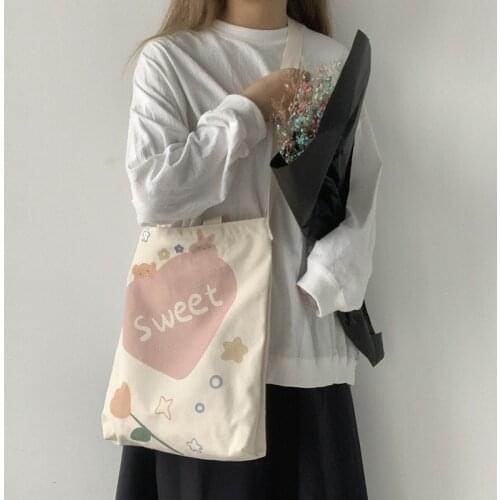 Womens Canvas Tote Bags Korean Students Shoulder Cotton Cloth Shopping Bag Eco Foldable Shopper Bag Female Crossbody for Girls