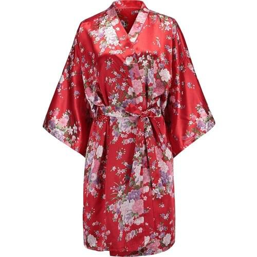 Womens Floral Red Robes Silk Satin Wrap Kimono Bathrobes Bridesmaid Wedding Party Bridesmaid Proposal Gifts Loungewear