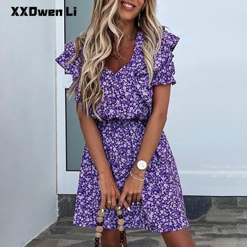 Summer Ruffle Floral Print Boho Mini Dress For Women Elegant Lilac Beach Short Dress Sexy V Neck Elastic Waist Party Dresses