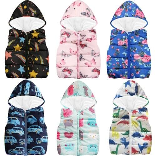 Kids Vest Autumn Winter Girls Boys Warm Cartoon Rainbow Dinosaur Outerwear Childrens Print Sleeveless Hodded Jackets Baby Coats