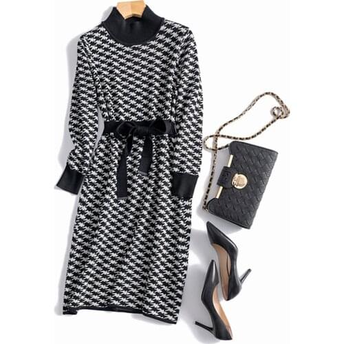 Winter Houndstooth Sweater Dress Long Sleeve Warm Knit Dress Sashes A-Line Geometric Dresses Pullover Vestidos