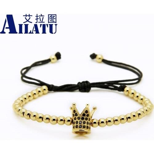 Ailatu 10 Piece Black CZ Crown Charm Bracelet 4mm Stainless Steel Round Beads Men Macrame Jewelry Party Gift