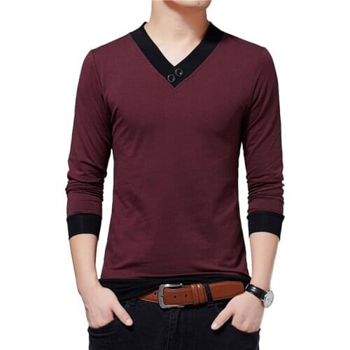 BROWON Brand Men Clothes 2021 Autumn New Casual Men T-shirt V-neck Patchwork Color Design T Shirt Men Top Tees Oversize 5XL