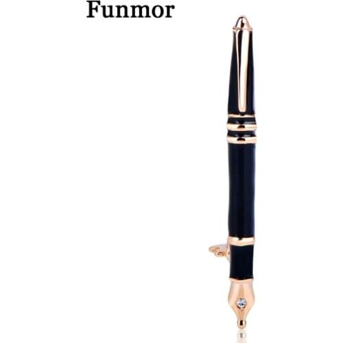 Funmor Vivid Black Enamel Pen Shape Brooch Pin Gold Color Alloy Metal Learning Tool Brooches For Women Men Suit Pocket Adornment