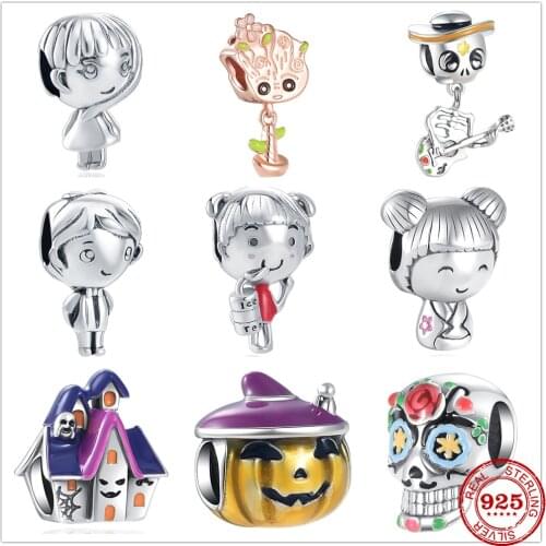 Genuine 925 Sterling Silver Openwork boy and girl pumpkin lantern Halloween Beads Fit Original Pandora Bracelet Charm Gift